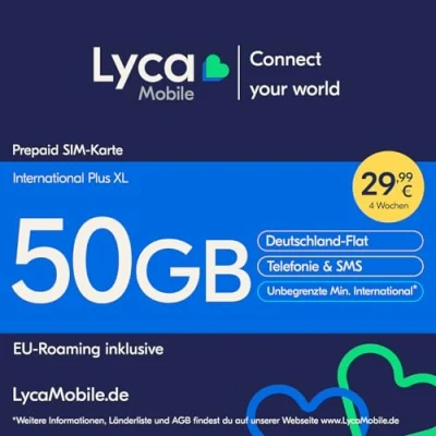 Abbildung von Lyca Mobile International Plus XL Prepaid Smartphone Sim Karte ohne Vertrag Prepaidkarte