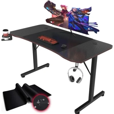 Abbildung von Devoko Gaiming Tisch 140cm Gaming Schreibtisch Gamer Computertisch Ergonomischer PC mit Kabelaufbewahrungsbox, Getränkehalter und Kopfhörerhalter T förmiger (Schwarz, 140 x 60 75 cm)
