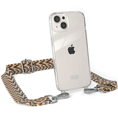 Abbildung von EAZY CASE Handykette Verstellbares Taschenband kompatibel mit iPhone 13, Schulterriemen, Handykordel Silikon Hülle, Umhängetasche, Hell Braun/Braun Clips Silber