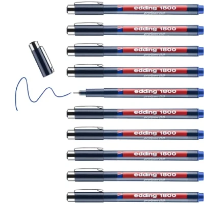 Abbildung von edding 1800 Präzisionsfeinschreiber blau 10 Stifte Linienbreite 0,35 mm Fineliner zum präzisen Schreiben und Skizzieren feine, metallgefasste Spitze Lineal schablonengeeignet