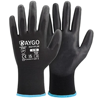 Abbildung von KAYGO 12 Paar Arbeitshandschuhe für Herren Damen, PU beschichtet Schutzhandschuhe, antirutsch Griff an Handflächen und Fingern, Geeignet DIY allgemeine Arbeit Gartenarbeit (Schwarz, M, Gr 8)