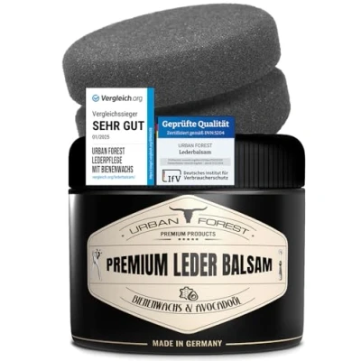 Abbildung von Lederpflege Sofa Glattleder 250 ml Leder Balsam mit Bienenwachs &amp; Avocado Öl Pflegemittel für Ledersofa Lederbalsam Ledercouch, Milde inkl. Handschwamm Made in Germany URBAN Forest