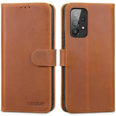 Abbildung von LENSUN Echtleder Hülle für Samsung Galaxy A53, Handyhülle [Echtes Leder][Kartenfach][RFID Schutz] Handytasche Lederhülle A53 5G Vintage Braun