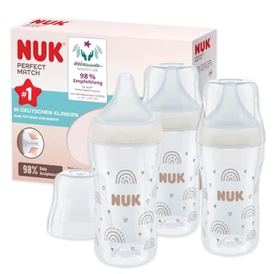 Abbildung von NUK Perfect Match Babyflaschenset Ab 3 Monate Passt sich dem Baby an Temperature Control Anti Colic 260 ml BPA frei Silikontrinksauger, Medium Regenbogen Stück