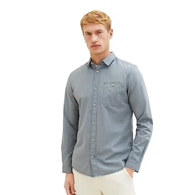 Abbildung von TOM TAILOR Herren 1037442 Slim Fit Hemd mit feinen Streifen aus Baumwolle, 32291 sea Green Dobby Structure, XL