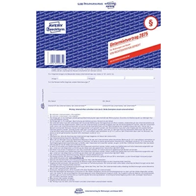 Abbildung von AVERY Zweckform 2875 5 Untermietvertrag für Wohnungen und Häuser (Vertrag mit Vereinbarung zur Kaution, seitiges Formular in A4, selbstdurchschreibend) Stück, blau