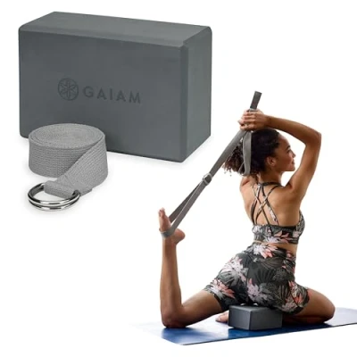 Abbildung von Gaiam Yoga Block &amp; Yogagurt Kombi Set mit Gurt, Pilates Requisiten zum Verlängern und Vertiefen von Dehnungen, für Stabilität, Balance optimale Ausrichtung
