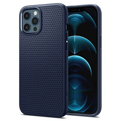 Abbildung von Apple iPhone 12 Hülle Silikon Spigen Soft Case/Backcover Handyhülle Dunkelblau Shockproof/Stoßfest