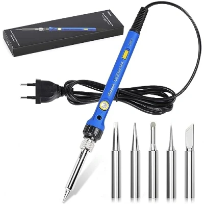 Abbildung von Lötkolben, Wiecok Lötkolben Set 60W 220V mit Temperatur Einstellbar 220 480℃, EIN/AUS Schalter, Betriebsanzeige, 5 Lötspitzen, Soldering Iron für Elektrotechnik Reparaturen Profi Hobbybastler