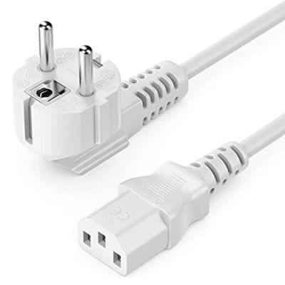 Abbildung von deleyCON 5m Kaltgerätekabel Netzkabel Stromkabel Schutzkontakt Stecker Typ F (CEE 7/4) 90 Gewinkelt auf Kaltgerätekupplung C13 Buchse PC Computer Monitor Drucker Beamer Weiß
