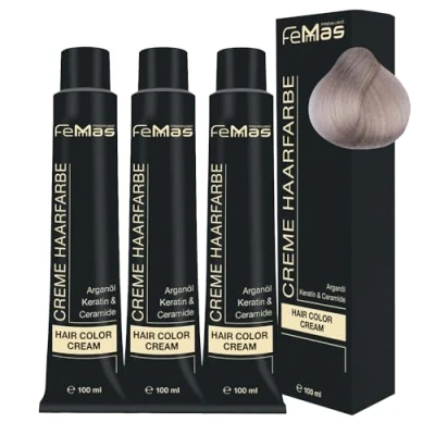 Abbildung von FemMas Haarfarbe 3x Hell Lichtblond Asch 10.1 I Professionelle Creme mit Arganöl, Keratin &amp; Ceramiden dauerthafte Haarfärbung oder Tönung für strahlende Farbergebnisse 100 ml