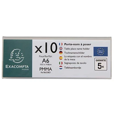 Abbildung von Exacompta 86358D 10er Pack Tisch Namensschilder Querformat DIN A6 gefaltet aus hochwertigem Acryl beidseitig verwendbar UV beständig 15,0x5,5 cm Tischaufsteller Tischschild transparent