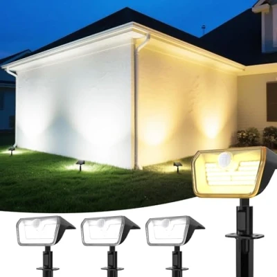 Abbildung von Linkind solarlampen 2 in 1 Solar Strahler Außen mit Bewegungsmelder 3000K &amp; 6500K, 60 LEDs Gartenstrahler Dauerlicht und Lade anzeige, IP67 Wasserdicht Wegelampen 8M/120, 3 Stück