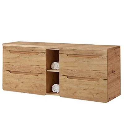 Abbildung von Lomadox Badezimmermöbel Waschtisch Unterschrank Set 141cm, Wotaneiche Dekor, 2 Softclose Auszüge, Regal, B/H/T ca.: 141/61,5/46 cm