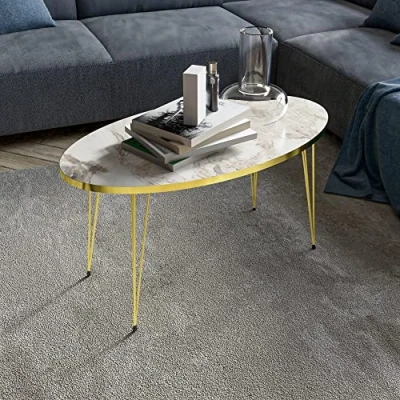 Abbildung von en.casa Couchtisch, »Skævinge« Sofatisch oval 43 x 90 50 cm Marmor, weiß / Gold