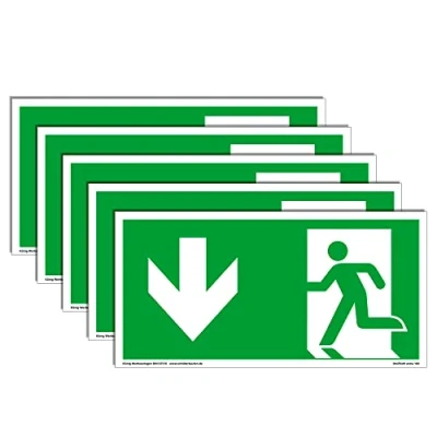 Abbildung von 5 Schilder Notausgang extra langnachleuchtend PVC selbstklebend 297x148mm gemäß ASR A1.3 DIN 7010 67510 Notausgangsschild Pfeil Links abwärts Fluchtweg Rettungsweg Dreifke® 160