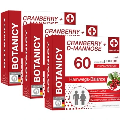 Abbildung von BOTANICY Cranberry + D Mannose Unterstützt Blase &amp; Harnwege PACRAN® Pulver, Vitamin C und D3, Kürbissamen Löwenzahnwurzel Extrakt 180 Tabletten