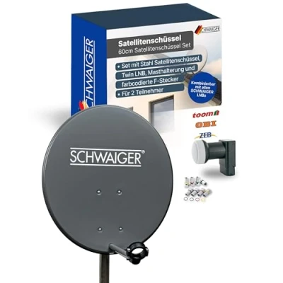 Abbildung von SCHWAIGER 487 SAT Anlage Satelliten Set Satellitenschüssel Twin LNB digital 8X F Stecker 7mm Antenne aus Stahl Anthrazit 55 x 62cm
