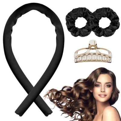 Abbildung von Locken Ohne Hitze, Satin Heatless Curling Set, Lockenwickler über Nacht, Hair Curler, Lockenband, DIY Frisurenset für Langes Mittleres Haar Schwarz