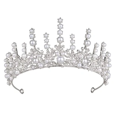 Abbildung von Vofler Pearl Tiara, Silver Bride Crowns for Women Vintage Crystal Rhinestone Hair Jewelry Headpieces Queen Ladies Girls Bridal Bridesmaid Princess Wedding Birthday Pageant Prom Homecoming Party