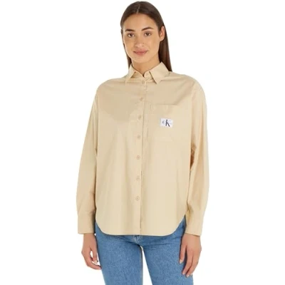 Abbildung von Calvin Klein Jeans Damen Hemd Woven Label Relaxed Shirt Langarm, Beige (Warm Sand), S