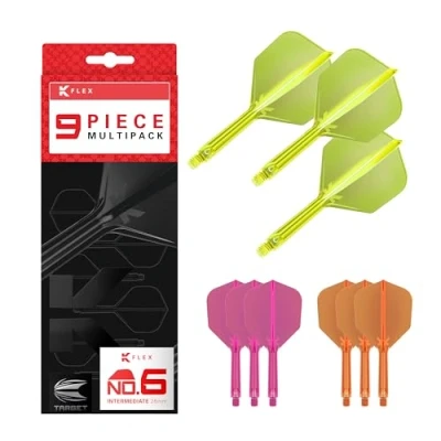 Abbildung von Target Darts K Flex Integrated Dart Flights and Shafts, Stiel (26 mm), mittlerer Schaft, 9er Pack, Neon Pink, Orange &amp; Gelb Kflex 2 In 1 Flight Stem, Professional Accessories