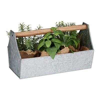 Abbildung von Relaxdays Blumenkasten, Holzgriff, Blumen, Pflanzen &amp; Kräuter, Deko Werkzeugkasten, Eisen, HxBxT 20 x 36 cm, silber