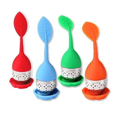 Abbildung von Schramm Teesieb Schramm® 4 Stück Teesiebe Teeei Blattoptik farbig sortiert Teezubereiter Tee Ei Teefilter 15,5 x4 x 1,5cm BPA frei