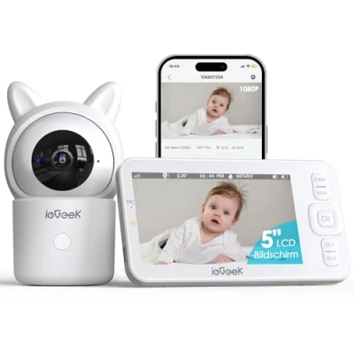 Abbildung von ieGeek Babyphone mit Kamera 1080P, 5 Zoll WLAN Video babyfone PTZ 360 APP, 4 Fach Zoom, Zonenalarm, Bewegungs /Geräuscherkennung, Temperatur und Feuchtigkeitserkennung, Fütterungserinnerung