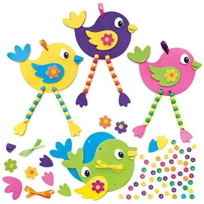 Abbildung von Baker Ross FC717 Moosgummi Vogel Bastelset mit Perlen für Kinder 5er Pack, Set zum Basteln und Dekorieren, Ideal Kindergeburtstag Basteln, Grün,Blau