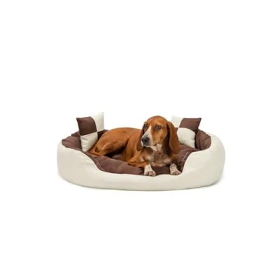Abbildung von lionto Hundebett 4 in 1 mit Wendekissen aus robustem Oxford, 85x70 cm, Heimtierkissen Kratzfest tiefem Einstieg für Katzen und Hunde Aller Größen, inkl. Zierkissen, wasserabweisend, braun/beige