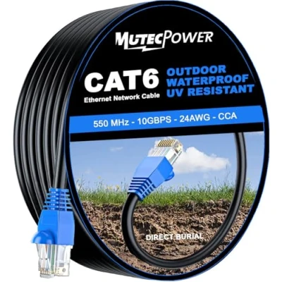 Abbildung von MutecPower CAT6 75m Außen Verwendung wasserdicht CCA Direct Burial Ethernet Netzwerkkabel 250 MHz Schwarz 75 Meter mit kabelbinder