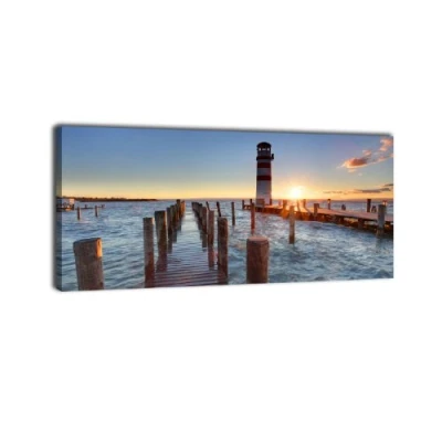 Abbildung von wandmotiv24 Leinwandbild Panorama Nr. 182 Leuchtturm mit Pier 100x40cm, Keilrahmenbild, Bild auf Leinwand, Landschaft Natur See