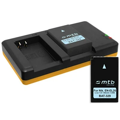 Abbildung von 2 Akkus + Dual Ladegerät (USB) für EN EL20(A) / Nikon Coolpix A, DL24 500 1 AW1, J1, J2, J3, S1, V3 inkl. Micro USB Kabel