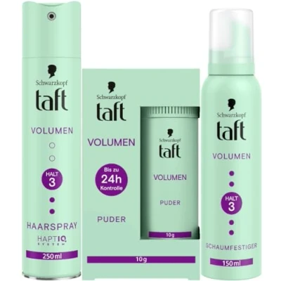 Abbildung von Schwarzkopf Taft Haarstyling Puder Volumen (10g) &amp; Haarspray (250 ml) Schaumfestiger (150ml) für voller aussehendes Haar, alle Haartypen, vegane Formel*