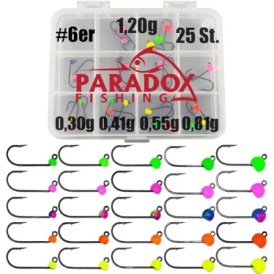 Abbildung von Paradox Fishing Tungsten Jighaken Set I 25 Stück 0,3g 1,2g je 5 #6 Forellen Haken Gummiköder Spoons Forelle Forellenköder