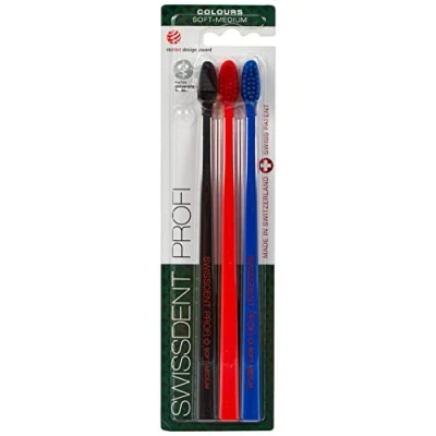 Abbildung von SWISSDENT PROFI COLOURS Zahnbürste, mit medium soften Borsten in patentierter Löffelform, zum Reinigen schwieriger Stellen 3er Pack