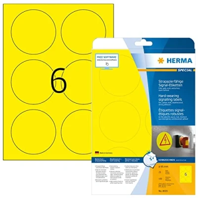 Abbildung von HERMA 8035 Wetterfeste Folienetiketten rund, 25 Blatt, Ø 85 mm, 6 pro A4 Bogen, 150 Stück, selbstklebend, bedruckbar, matt, blanko Outdoor Signal Etiketten Aufkleber aus Folie, gelb