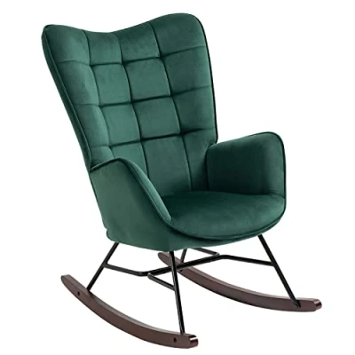 Abbildung von MEUBLE COSY Schaukelstuhl Schaukelsessel Relaxstuhl Sessel mit Armlehnen und gepolsterter Sitzfläche für Wohnzimmer Schlafzimmer, Metallgestell Holzsockel, Samt, Grün, Holz, 66x84x97 cm