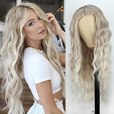 Abbildung von PORSMEER Lange Lockige Blond Ombre Perücke Damen Natürlich Haarperücken für Frauen Afro Alltag Anime Cosplay Kostümparty Halloween Karneval Wig