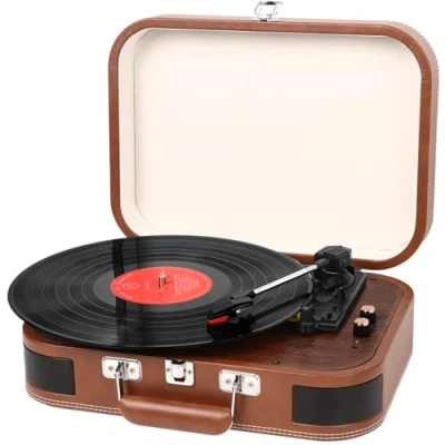 Abbildung von Plattenspieler Bluetooth, Schallplattenspieler mit Lautsprechern 33/45/78 U/min Riemenantrieb Vinyl USB Retro Record Player, zu MP3 (Braun)