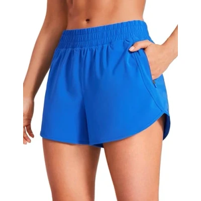 Abbildung von CRZ YOGA Damen Kurz Sporthose Laufhose High Waist Fitness Sport Shorts Kurze Hose mit Reißverschlusstasche Funkelndes Blau 44