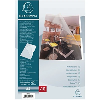 Abbildung von Exacompta 58201E Packung (mit 10 Aktensichthüllen, aus Festem PP 200µ, mit Einkerbung, DIN A4, 21 x 29,7 cm) 10er Pack kristall