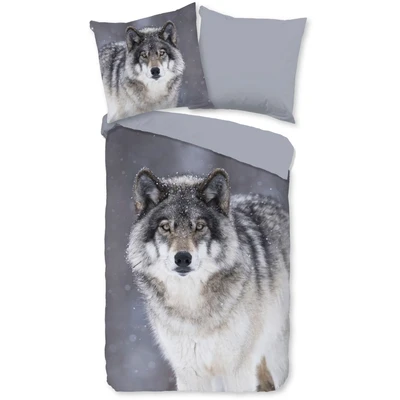Abbildung von good morning Wendebettwäsche &quot;Wolfie&quot;, Flanell, Biber, Winter, Warm, Reißverschluss, Wendeoptik, Wolf, Grau
