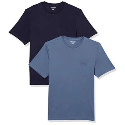 Abbildung von Amazon Essentials Herren T Shirt mit kurzen Ärmeln, Rundhalsausschnitt und Tasche in normaler Passform, 2er Pack, Dunkelblau/Marineblau, M