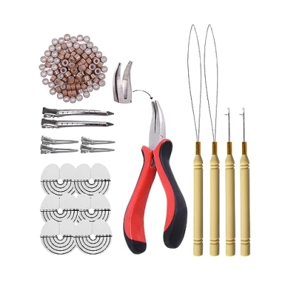Abbildung von Microring Extensions Set: Zange, Nadel und Nanoringe mit Silikon (hellbraun)