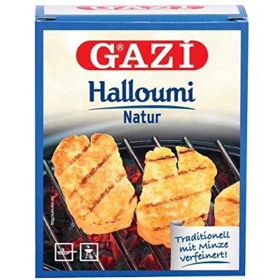 Abbildung von Gazi Halloumi Natur 8x 250g Pfannenkäse Pfanne Grillkäse Grill Ofenkäse Halloumikäse Ofen 43% Fett verfeinert mit Minze Schnittkäse Käse mikrobielles Lab Halal vegetarisch glutenfrei