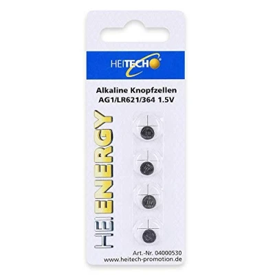 Abbildung von HEITECH 4er Pack AG1 Alkaline Knopfzellen Batterie 1,5V LR60 / L621 LR621 SR60 SR621 SR621SW 164/364 Knopfbatterien auslaufsicher &amp; mit Langer Haltbarkeit