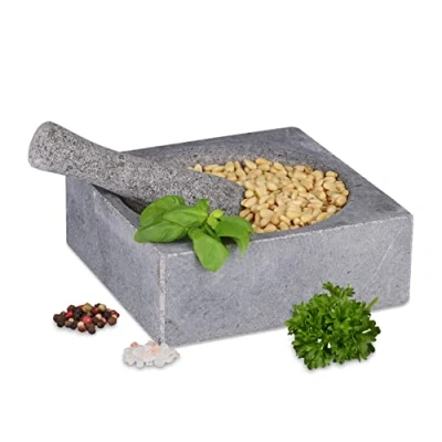 Abbildung von Relaxdays Mörser mit Stößel, Granit, HBT: 6,5 x 18,5 cm, poliert, langlebig, Steinmörser Gewürze &amp; Kräuter, grau
