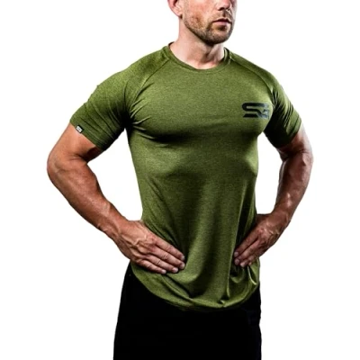 Abbildung von Satire Gym® Fitness Slim Fit T Shirt Herren/Funktionelles &amp; schnell trocknendes Sportshirt Herren Kurzarm als Bodybuilding Workout Gym (XXL, olivgrün meliert)